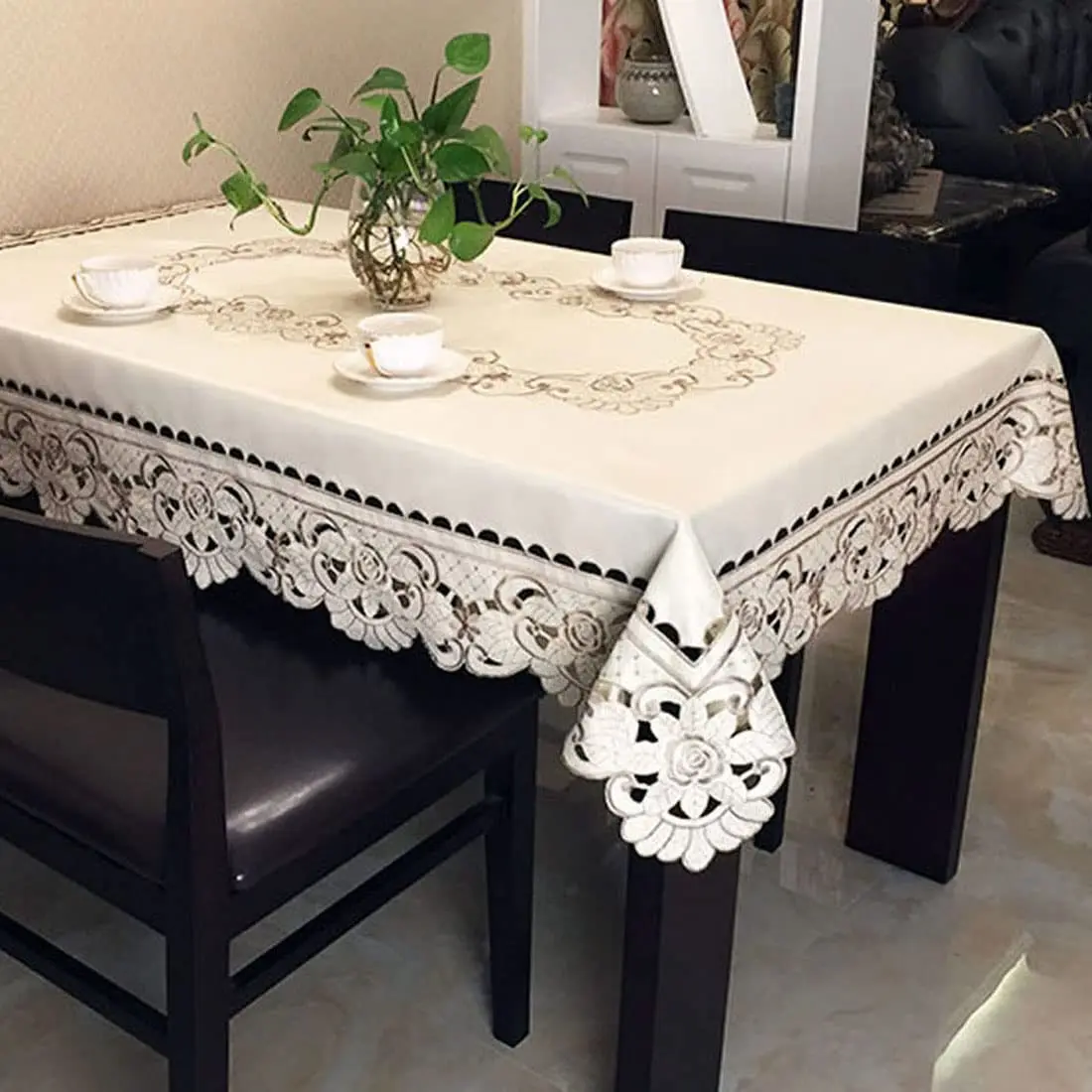 WELLYUK 57 Inch X 86 Inch Oblong Tablecloth, Vintage Embroidery Flower Lace, Brown Flower | Classic Rectangular Polyester Table Cloth - view 7