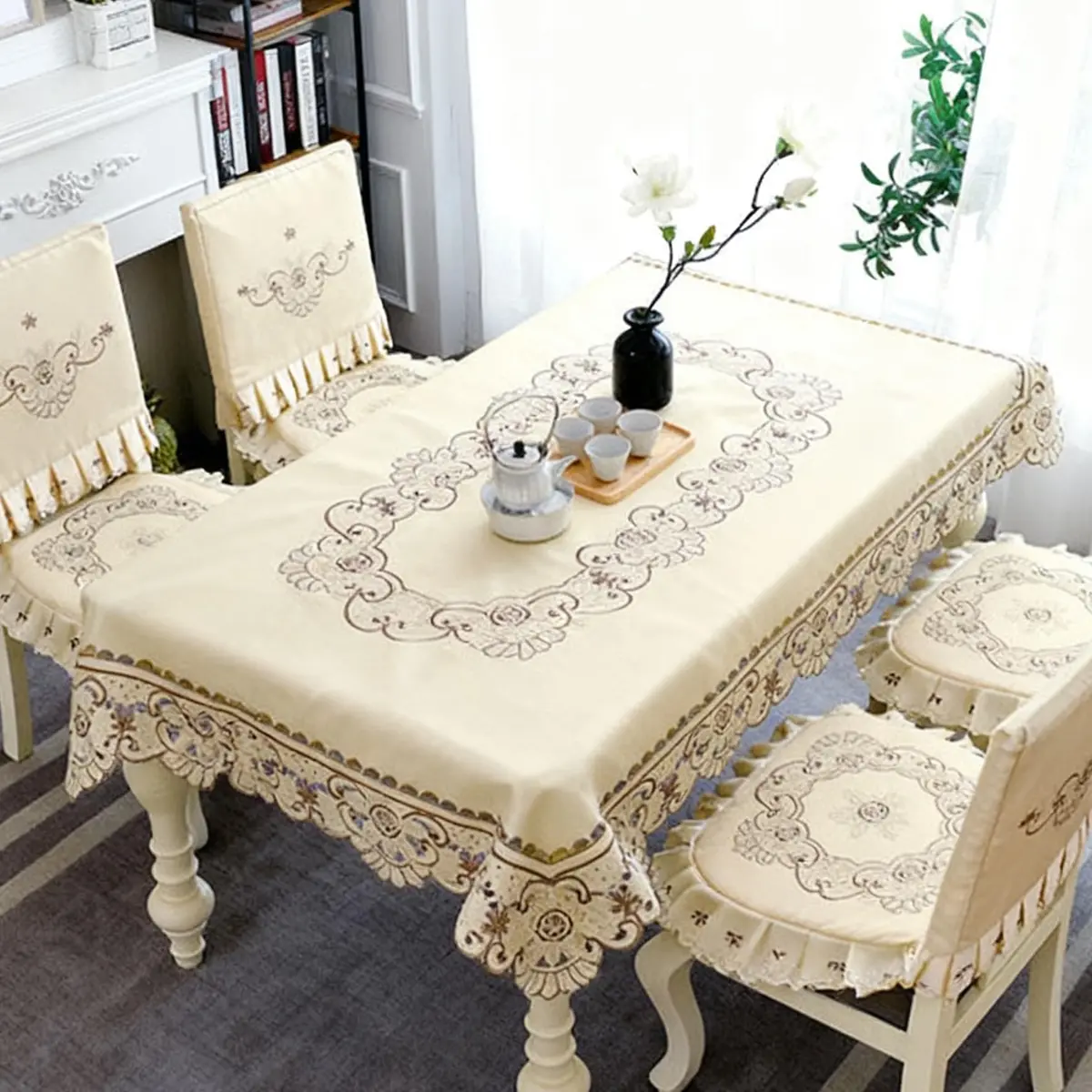WELLYUK 57 Inch X 86 Inch Oblong Tablecloth, Vintage Embroidery Flower Lace, Brown Flower | Classic Rectangular Polyester Table Cloth - view 2