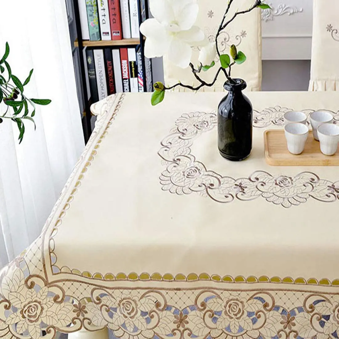 WELLYUK 57 Inch X 86 Inch Oblong Tablecloth, Vintage Embroidery Flower Lace, Brown Flower | Classic Rectangular Polyester Table Cloth - view 3