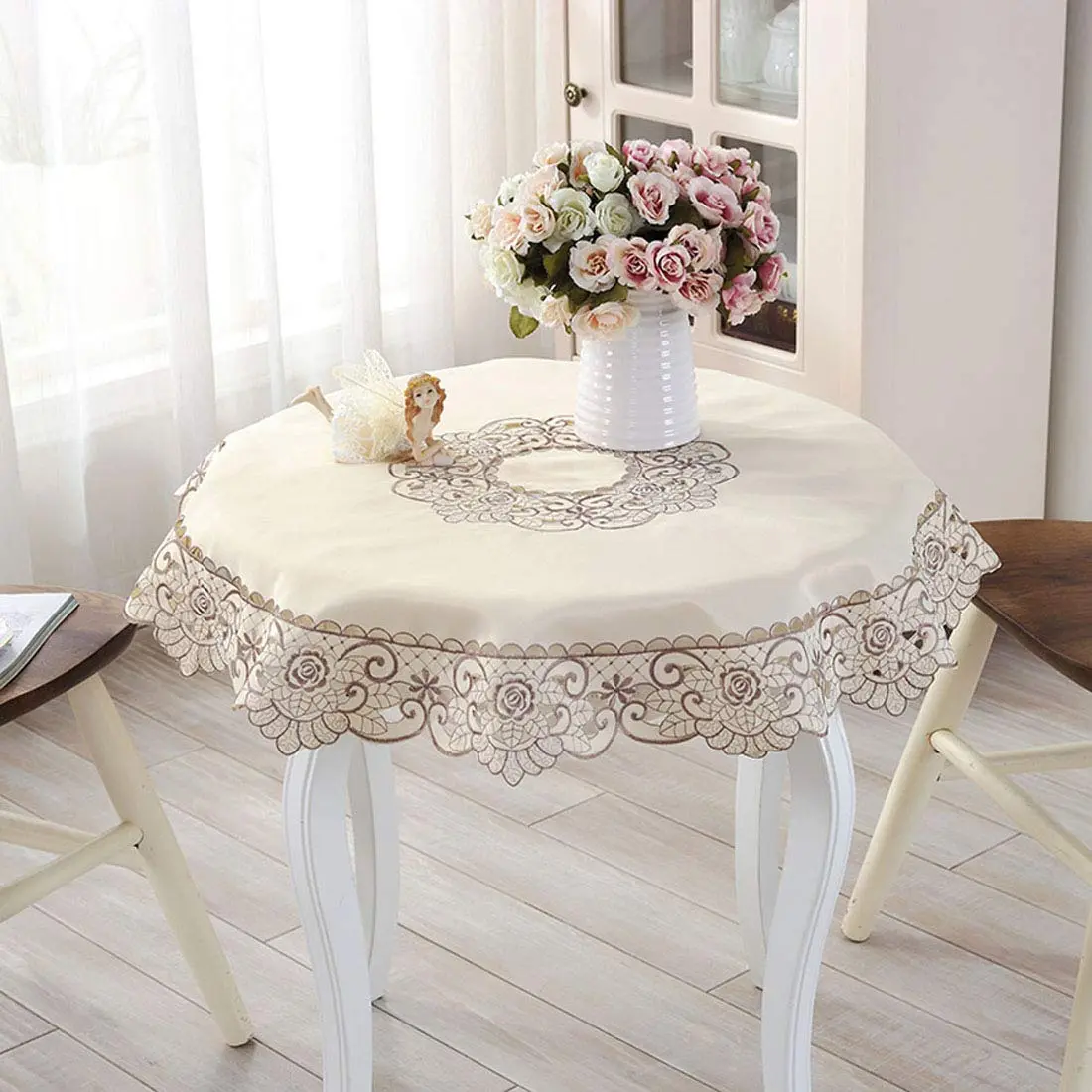 WELLYUK 15 Inch (38.1 cm) Round Vintage Embroidered Brown Flower Lace Tablecloth | Elegant Home Decoration - main product image