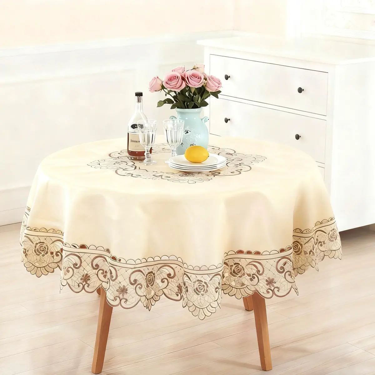 WELLYUK 15 Inch (38.1 cm) Round Vintage Embroidered Brown Flower Lace Tablecloth | Elegant Home Decoration - view 7