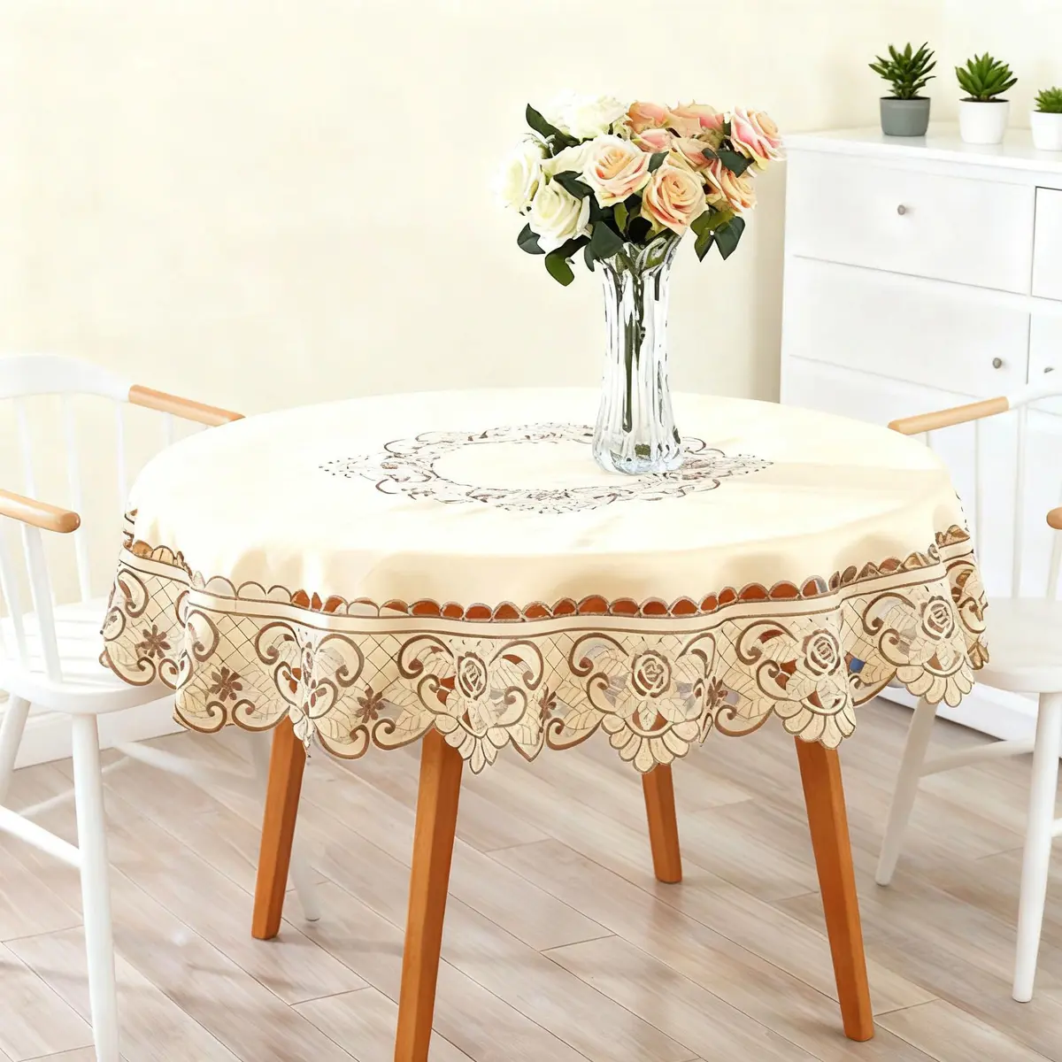 WELLYUK 15 Inch (38.1 cm) Round Vintage Embroidered Brown Flower Lace Tablecloth | Elegant Home Decoration - view 2