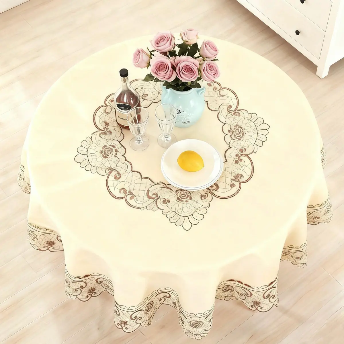 WELLYUK 15 Inch (38.1 cm) Round Vintage Embroidered Brown Flower Lace Tablecloth | Elegant Home Decoration - view 3