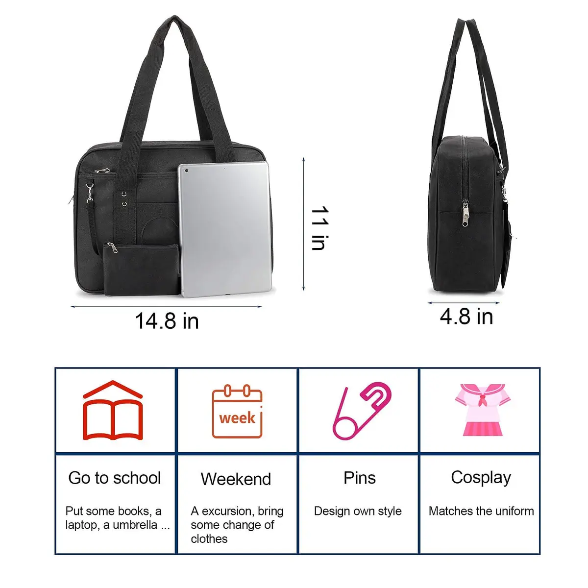 STEAMEDBUN Kawaii Ita Bag Japanese School Bag Large Shoulder Anime Heart Purse (Black) | Cute Tote for School & Travel - view 5