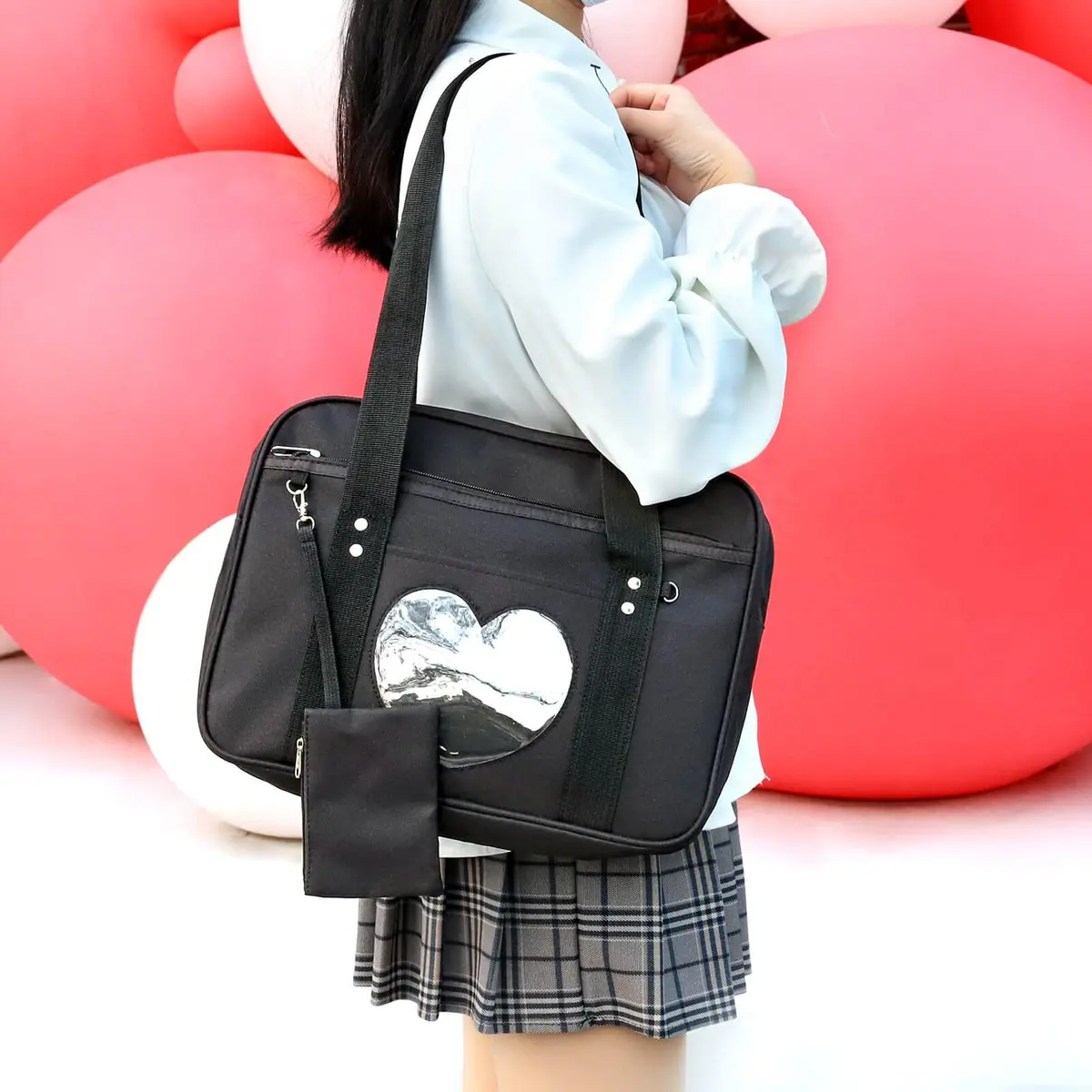 STEAMEDBUN Kawaii Ita Bag Japanese School Bag Large Shoulder Anime Heart Purse (Black) | Cute Tote for School & Travel - view 2