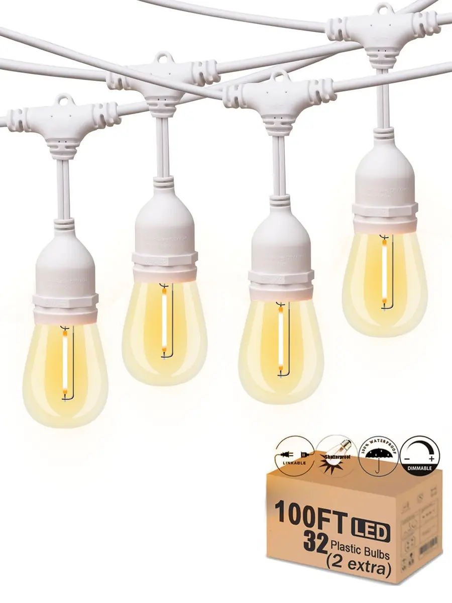 Meidaoduo Outdoor String Lights LED White 100FT with 32 Dimmable Bulbs for Wedding Pergola Gazebo Backyard - main product image