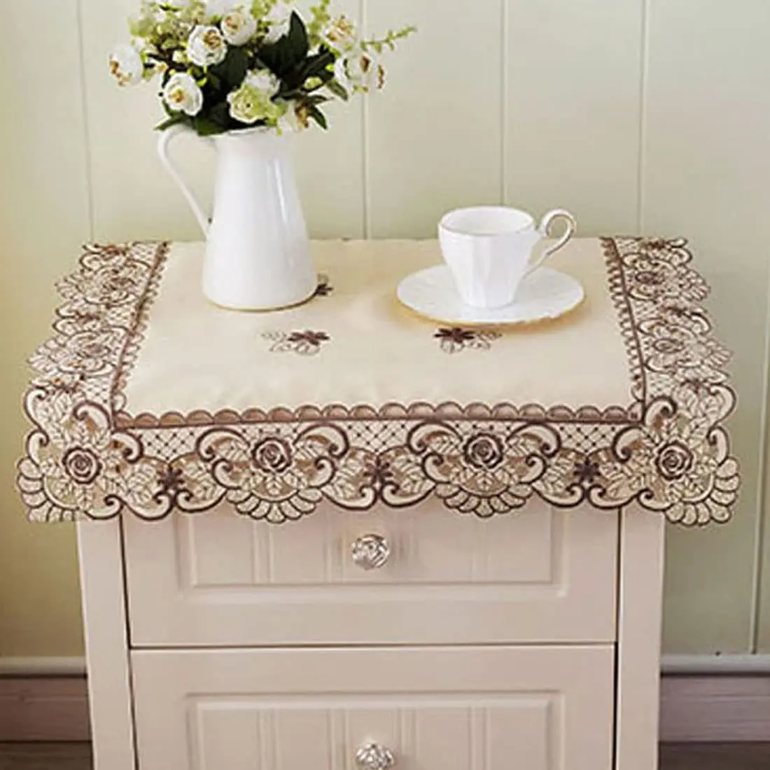 WELLYUK Embroidered Brown Flower Tablecloth 55cm (22 Inch) Square | Vintage Lace Style for Dining & Home Decor - view 7