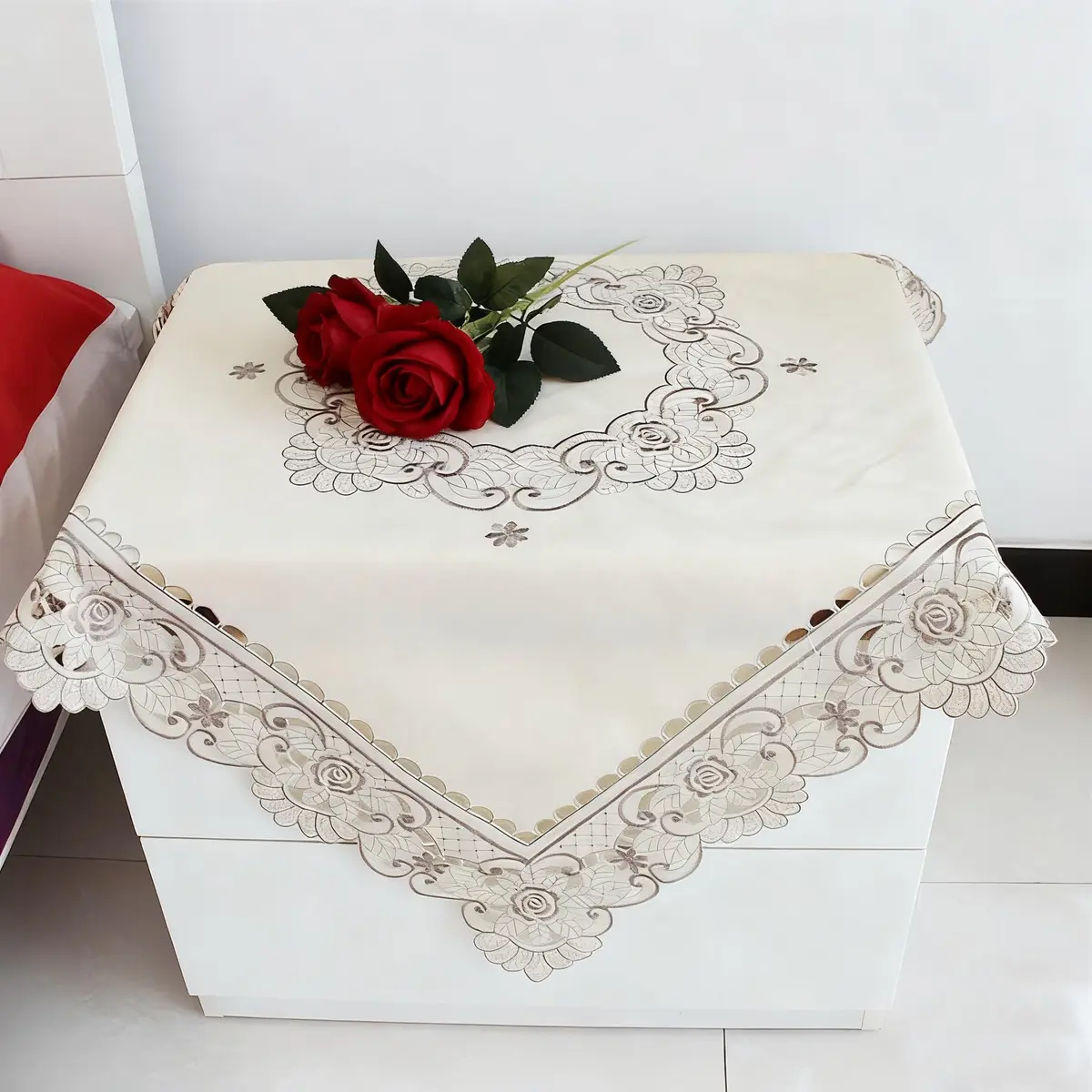 WELLYUK Embroidered Brown Flower Tablecloth 55cm (22 Inch) Square | Vintage Lace Style for Dining & Home Decor - view 2