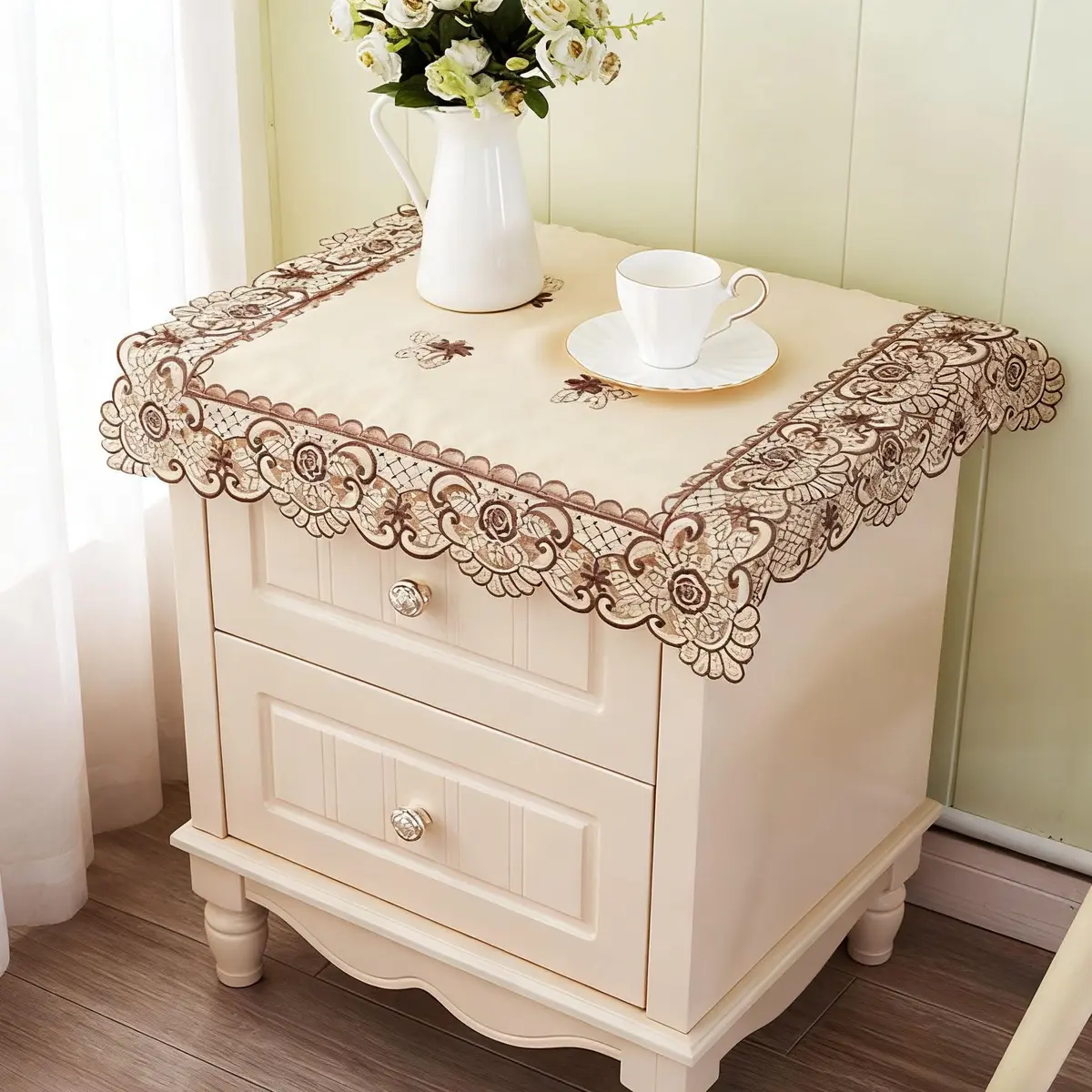WELLYUK Embroidered Brown Flower Tablecloth 55cm (22 Inch) Square | Vintage Lace Style for Dining & Home Decor - view 3