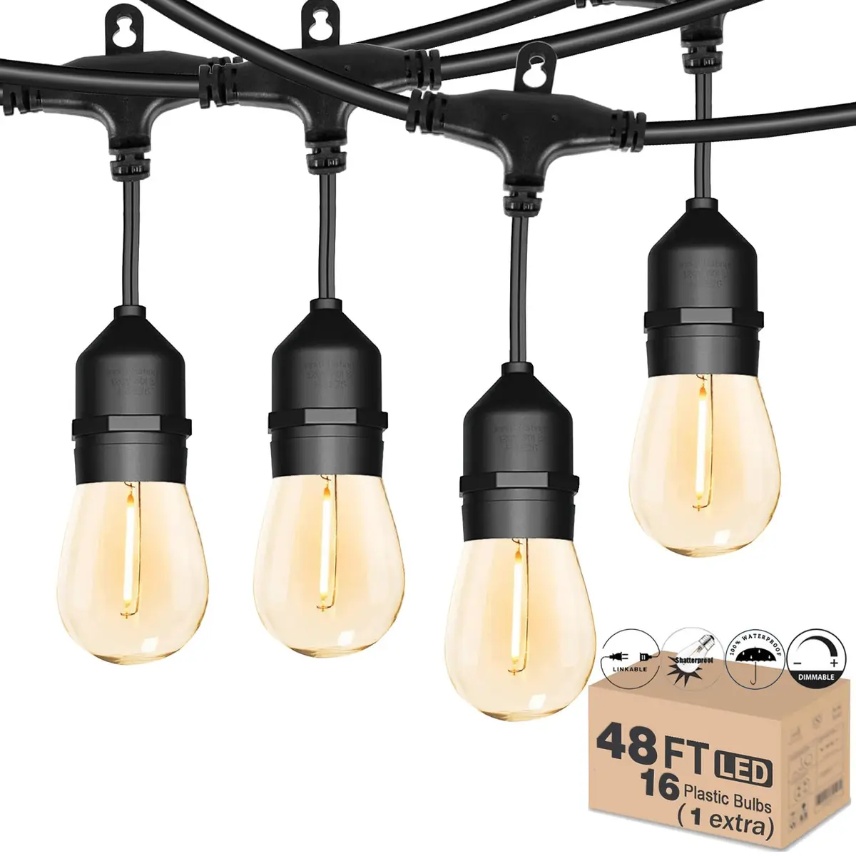 Meidaoduo Outdoor String Light 48FT LED Heavy-Duty Patio Lights | Waterproof, Shatterproof Bulbs, Linkable, 15 LED Bulbs, 120V - main product image