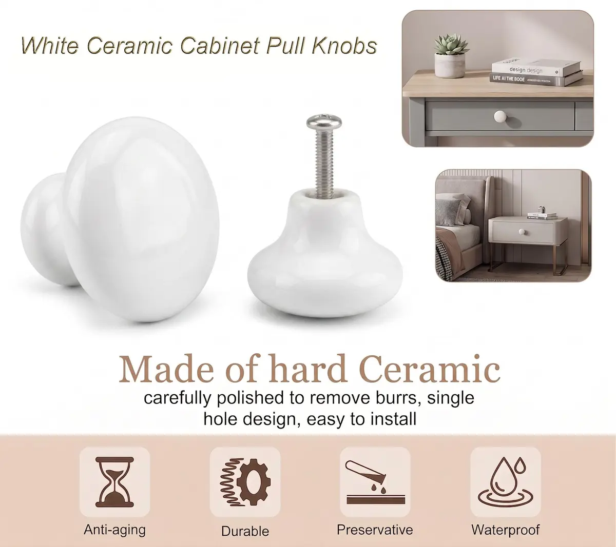 OctinPris White Ceramic Cabinet Knobs 4 Pack | Durable, Easy Install, Suitable for Kitchen & Furniture - view 5