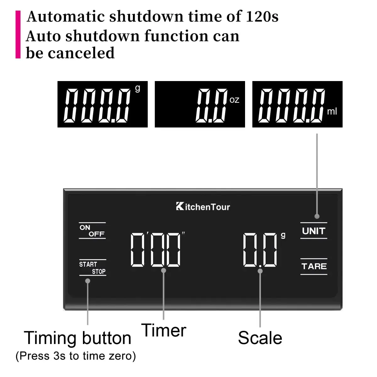 K KitchenTour EK6012 Digital Kitchen Scale with Timer 3kg (6.6lb) | Precision Weighing for Coffee & Food - view 3