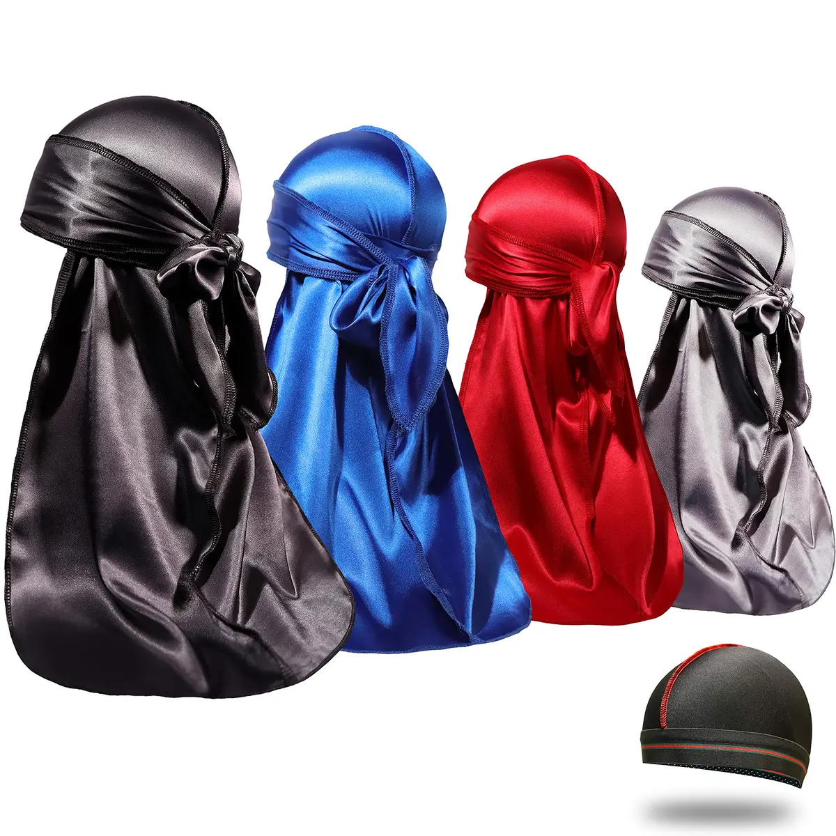 ForceWave Silky Satin Durags & Wave Cap Set for Men & Women - 4 Durags + 1 Cap (Black, Blue, Gray, Red) | Moisture-Retaining Fabric - main product image