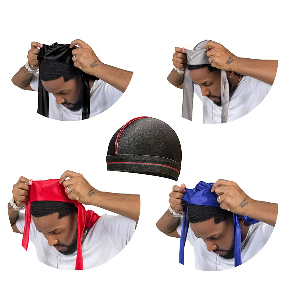 ForceWave Silky Satin Durags & Wave Cap Set for Men & Women - 4 Durags + 1 Cap (Black, Blue, Gray, Red) | Moisture-Retaining Fabric - view 5