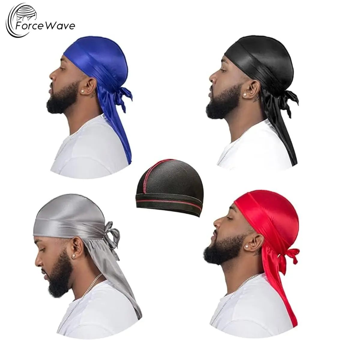 ForceWave Silky Satin Durags & Wave Cap Set for Men & Women - 4 Durags + 1 Cap (Black, Blue, Gray, Red) | Moisture-Retaining Fabric - view 4