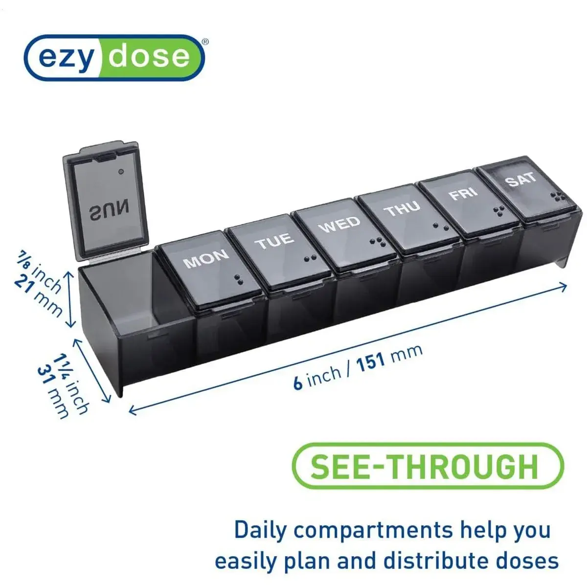 Ezy Dose Weekly Pill Organizer, Large Medicine Planner, Black | 7-Day Compartment Medicine Case - view 5
