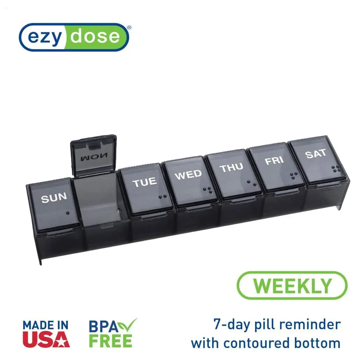Ezy Dose Weekly Pill Organizer, Large Medicine Planner, Black | 7-Day Compartment Medicine Case - view 3