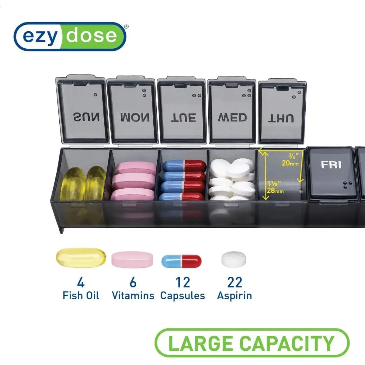 Ezy Dose Weekly Pill Organizer, Large Medicine Planner, Black | 7-Day Compartment Medicine Case - view 4
