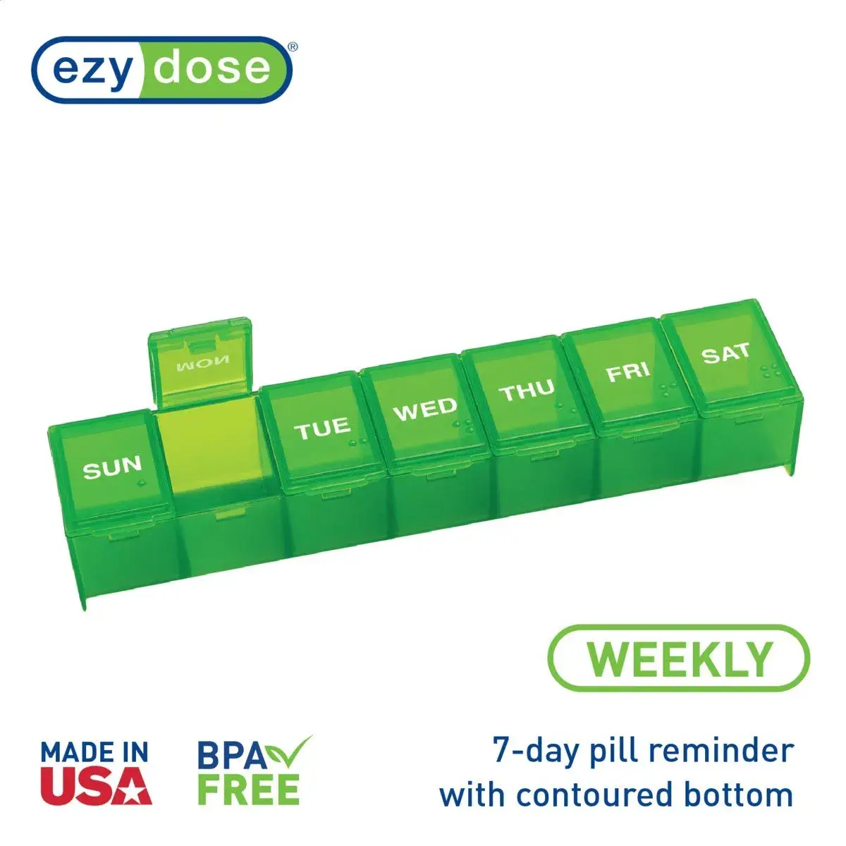 EZY DOSE Weekly Pill Organizer, Large Medicine Planner, Green | 7-Day Sunday-Saturday Layout - view 2