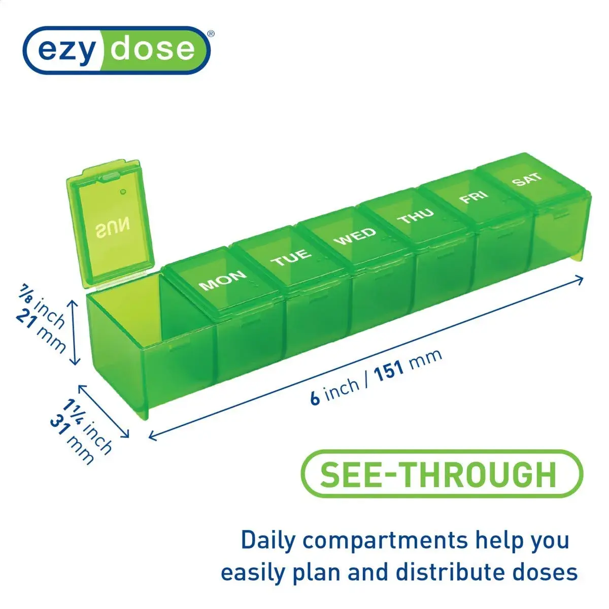 EZY DOSE Weekly Pill Organizer, Large Medicine Planner, Green | 7-Day Sunday-Saturday Layout - view 4
