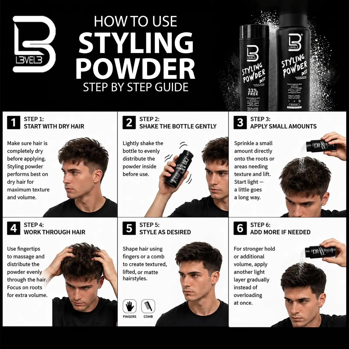L3 Level 3 Hair Texture Powder for Men, Volume, Natural Look, 30g (1.05 oz) | Matte Finish Styling Agent - view 5