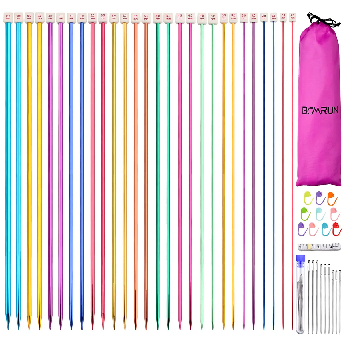 BCMRUN 28Pcs/14 Pairs Stainless Steel Knitting Needles Set, 35cm (13.8 Inches) | 14 Sizes 2.0mm-10.0mm - main product image