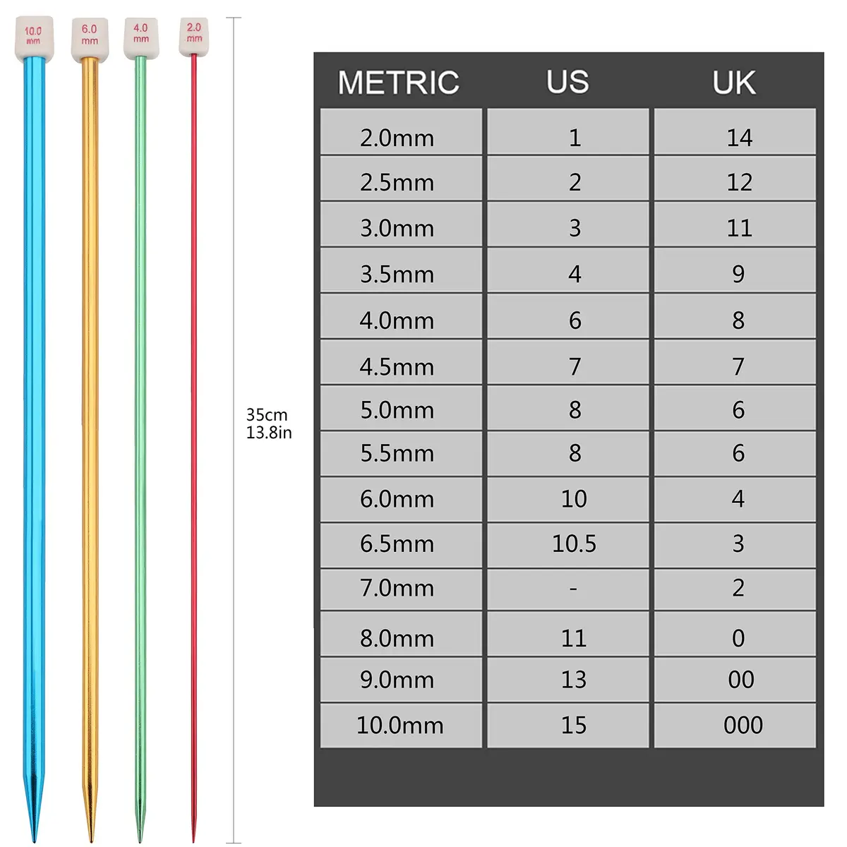BCMRUN 28Pcs/14 Pairs Stainless Steel Knitting Needles Set, 35cm (13.8 Inches) | 14 Sizes 2.0mm-10.0mm - view 2