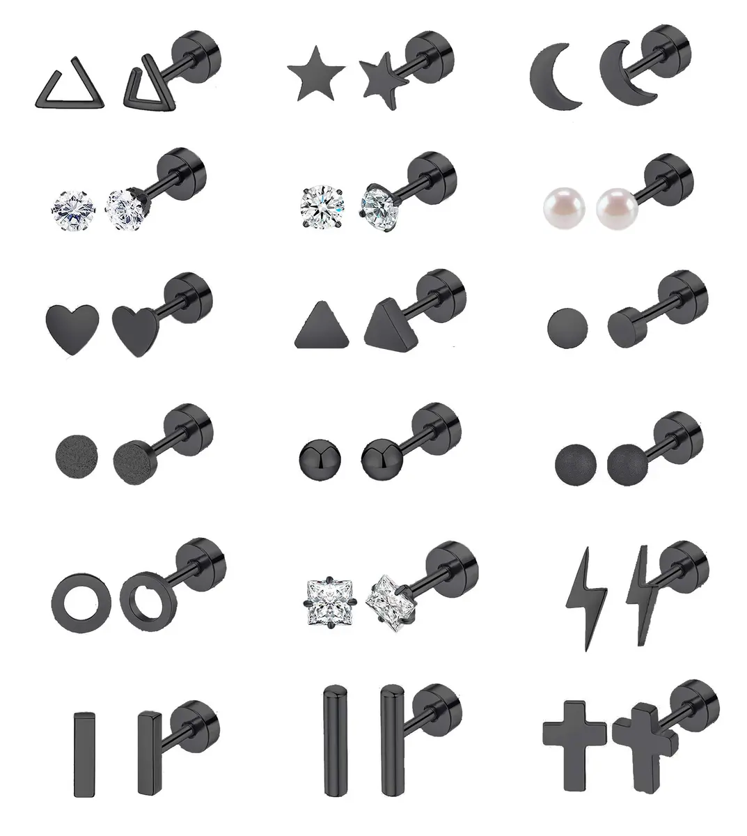 Staligue 18 Pairs Tiny Cartilage Stud Earrings | Stainless Steel, CZ, Flat Back, Unisex (Black) - main product image