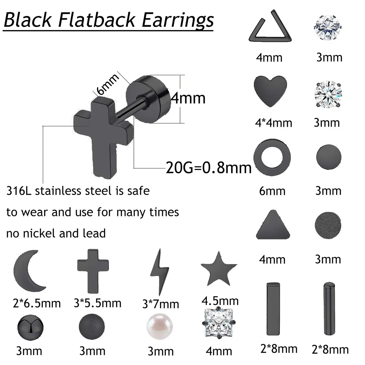 Staligue 18 Pairs Tiny Cartilage Stud Earrings | Stainless Steel, CZ, Flat Back, Unisex (Black) - view 2