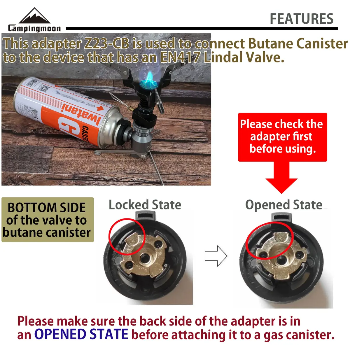 camping moon Butane Gas Fuel Canister Adapter Stand Type Convertor for EN417 Lindal Valve | Compact, Self-Sealing, CNC Duralumin - view 3