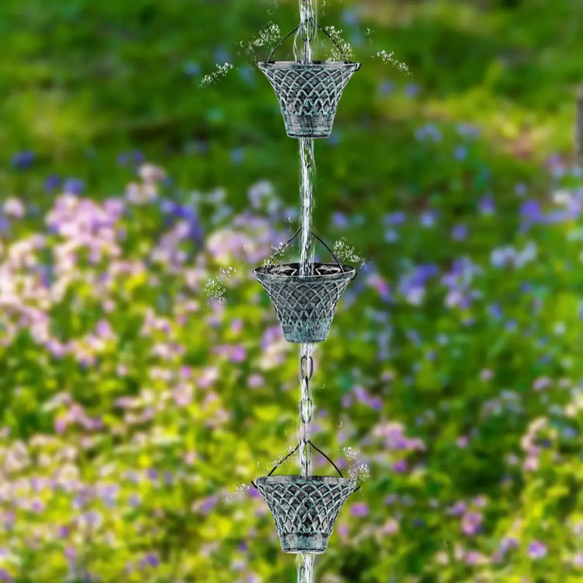 Tfro & Cile Blue Rain Chain Gutter Downspout Catcher 2.59 m (8 1/2 Feet) | Decorative Garden Water Feature - view 5
