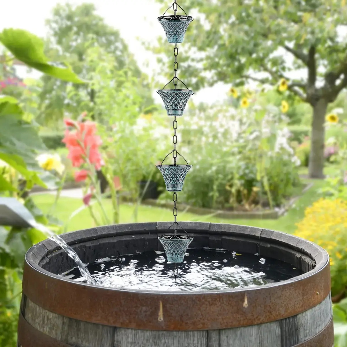 Tfro & Cile Blue Rain Chain Gutter Downspout Catcher 2.59 m (8 1/2 Feet) | Decorative Garden Water Feature - view 6