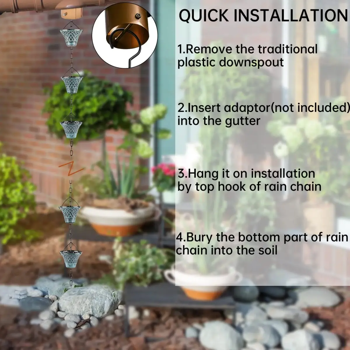 Tfro & Cile Blue Rain Chain Gutter Downspout Catcher 2.59 m (8 1/2 Feet) | Decorative Garden Water Feature - view 3