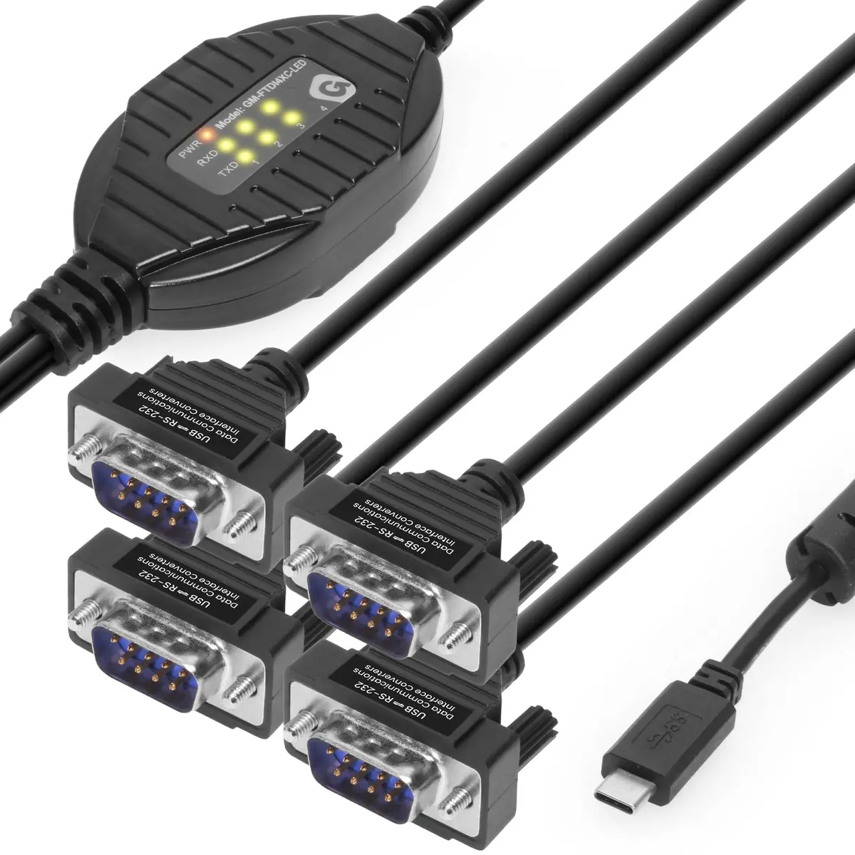 Gearmo 4 Port RS-232 to USB Type-C Adapter with LED Indicators, 5ft Length, FTDI Chipset, ESD Protection, Windows/macOS/Linux Compatible - main product image