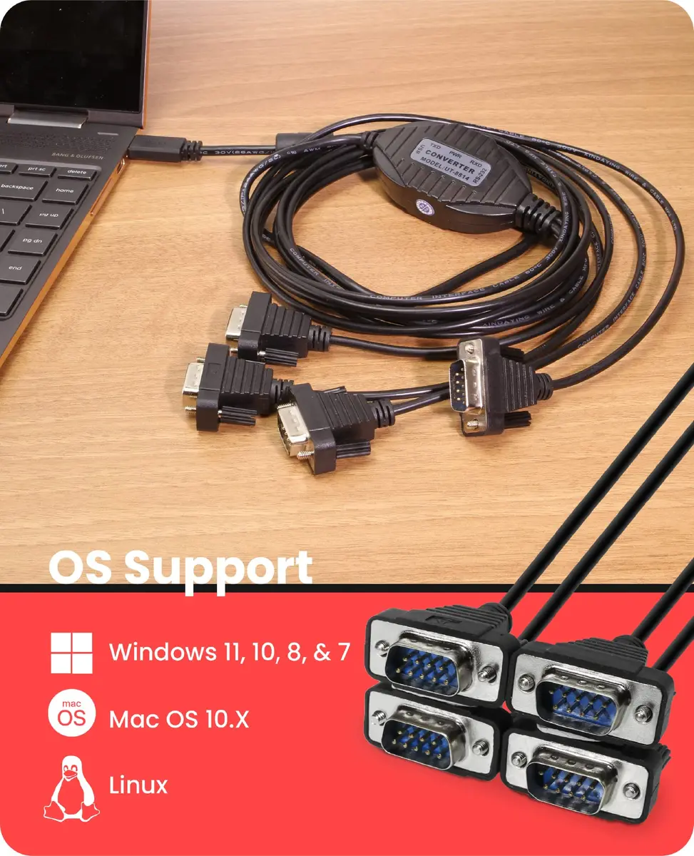 Gearmo 4 Port RS-232 to USB Type-C Adapter with LED Indicators, 5ft Length, FTDI Chipset, ESD Protection, Windows/macOS/Linux Compatible - view 3