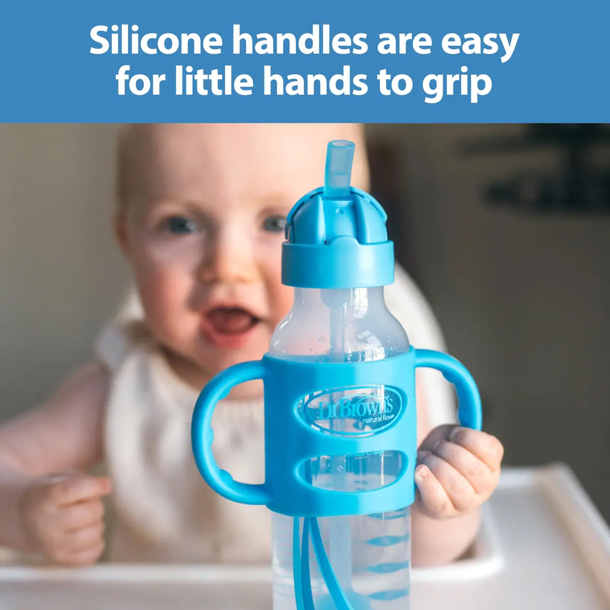 Dr. Brown's Narrow Sippy Straw Bottle with Handles, Blue, 8 oz | Transition & Motor Skill Development (110 characters) - view 3