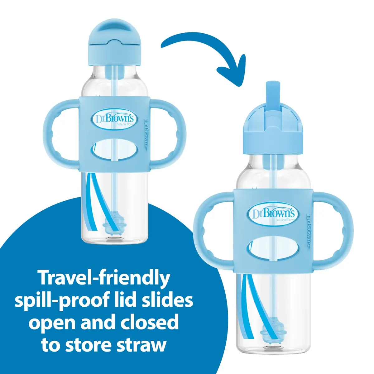 Dr. Brown's Narrow Sippy Straw Bottle with Handles, Blue, 8 oz | Transition & Motor Skill Development (110 characters) - view 4