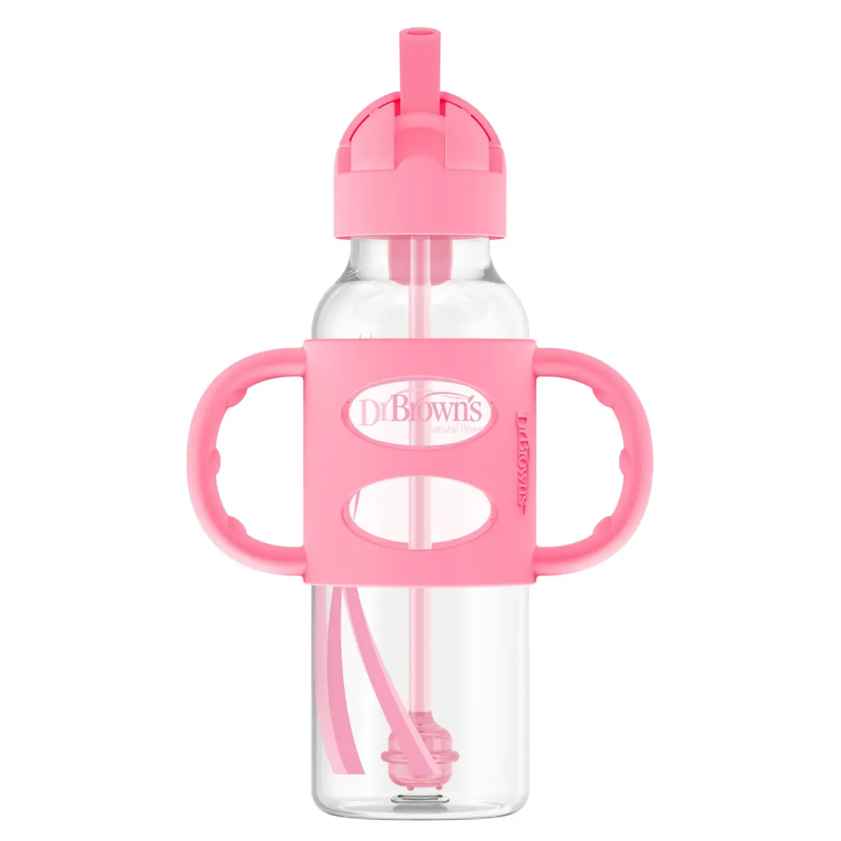 Dr. Brown's Narrow Sippy Straw Bottle with Handles, Pink, 8 oz | Transition & Motor Skill Development - main product image