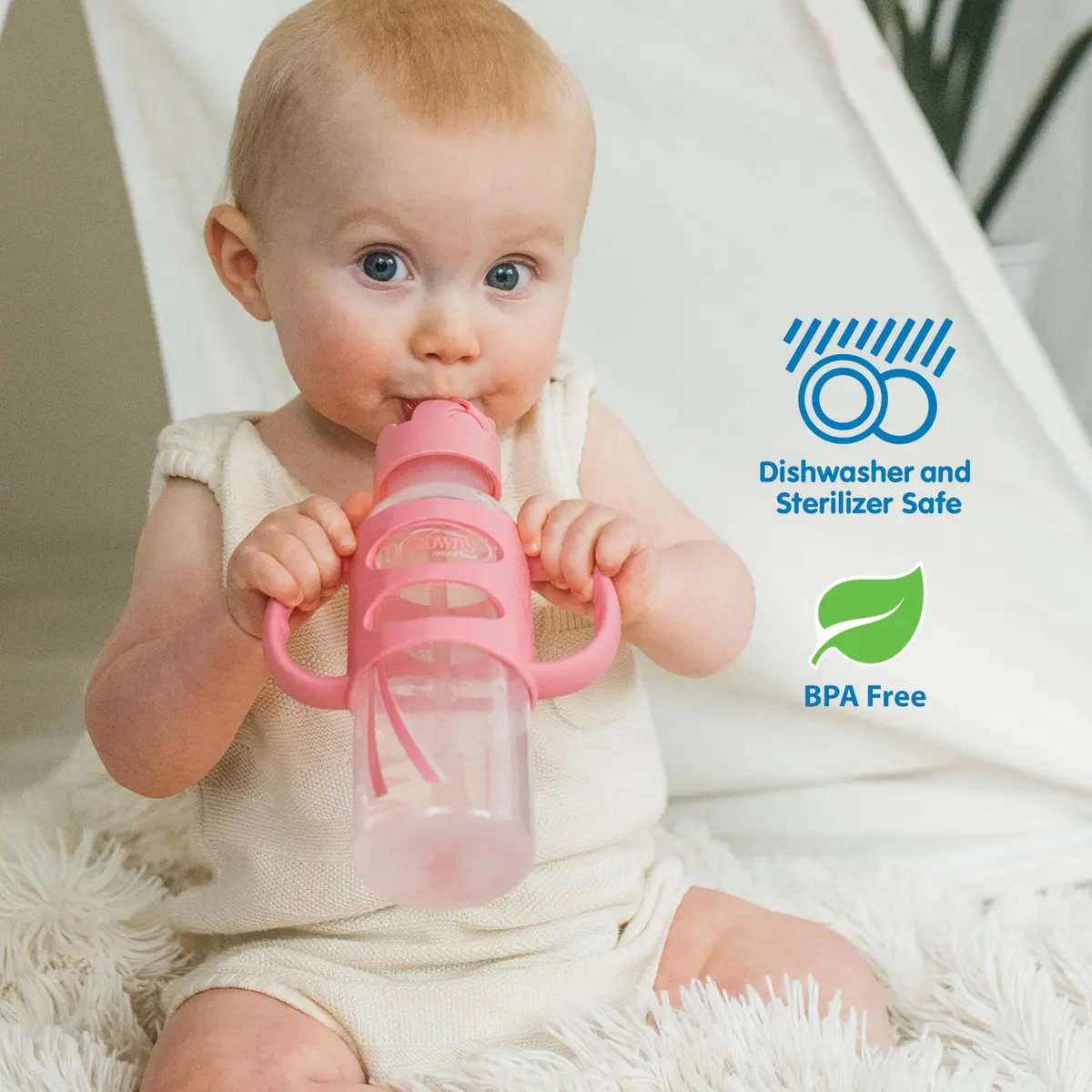 Dr. Brown's Narrow Sippy Straw Bottle with Handles, Pink, 8 oz | Transition & Motor Skill Development - view 6