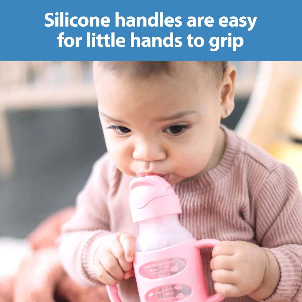 Dr. Brown's Narrow Sippy Straw Bottle with Handles, Pink, 8 oz | Transition & Motor Skill Development - view 3