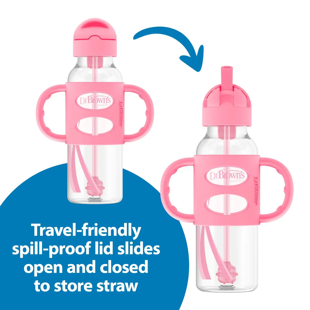 Dr. Brown's Narrow Sippy Straw Bottle with Handles, Pink, 8 oz | Transition & Motor Skill Development - view 4