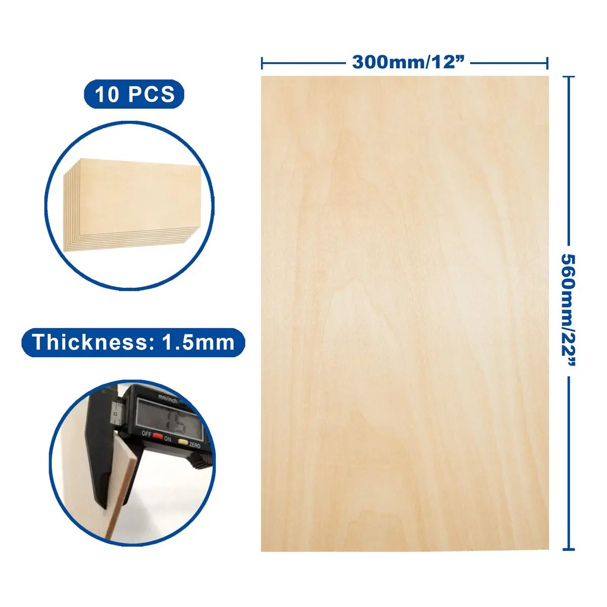 Craftiff Plywood Sheet Board 22 x 12 inch | A Grade, 1.5mm Thick, Pack of 10, Unfinished Basswood - view 2