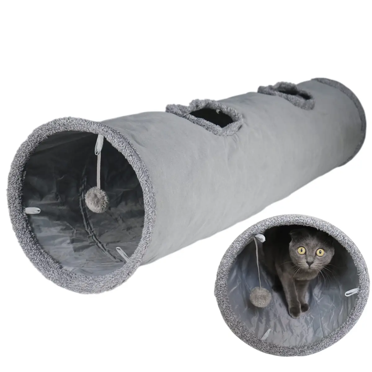 Terunat Cat Tunnel for Indoor Cats 51×12 inch Foldable Grey Suede Pet Tunnel with Two Peepholes and Bubble Ball - main product image