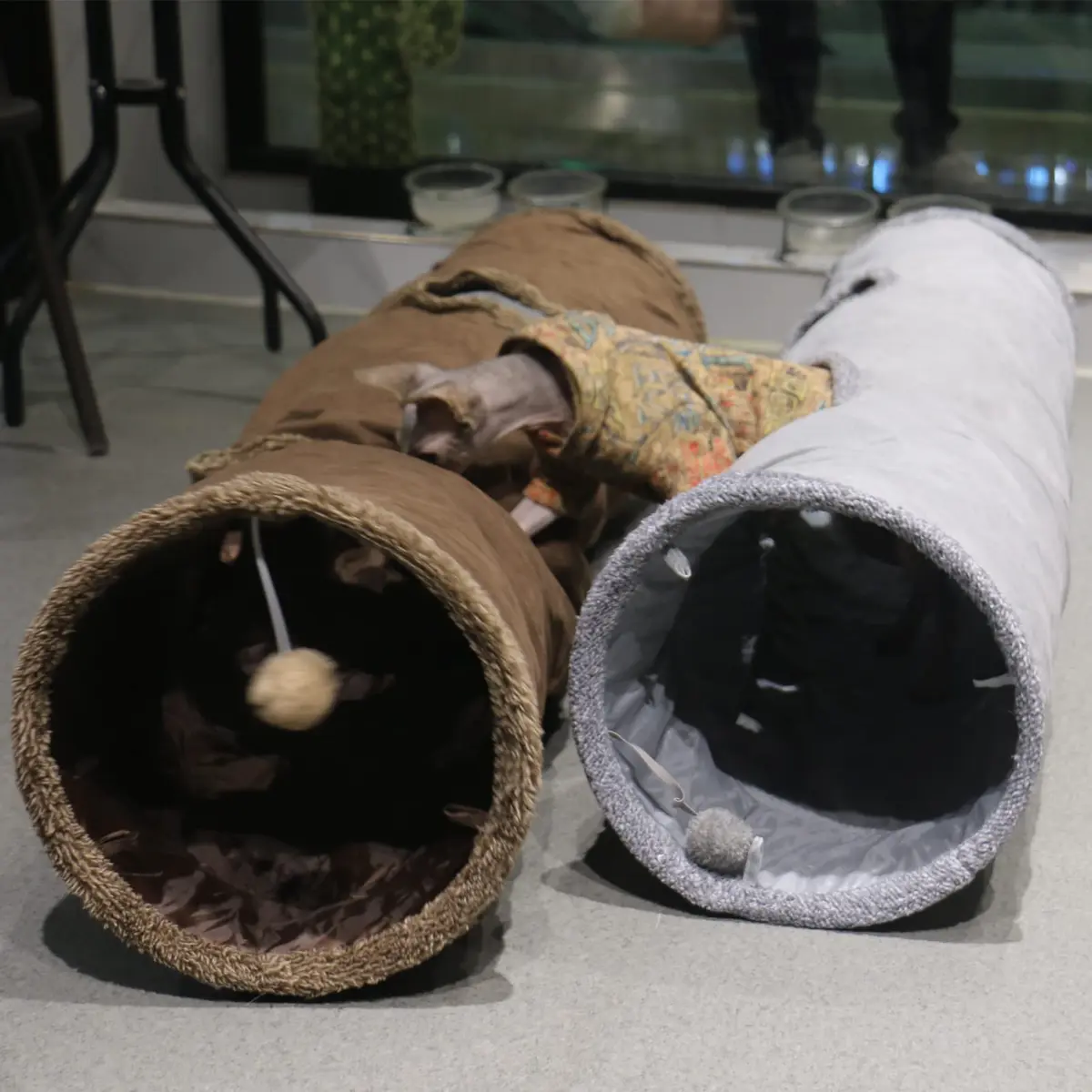 Terunat Cat Tunnel for Indoor Cats 51×12 inch Foldable Grey Suede Pet Tunnel with Two Peepholes and Bubble Ball - view 6