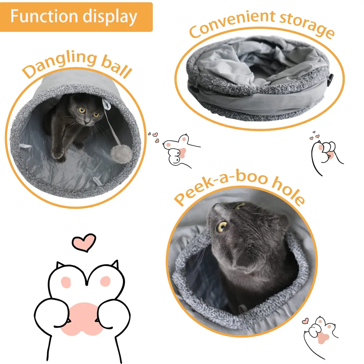 Terunat Cat Tunnel for Indoor Cats 51×12 inch Foldable Grey Suede Pet Tunnel with Two Peepholes and Bubble Ball - view 2