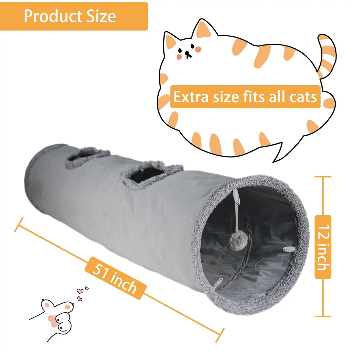 Terunat Cat Tunnel for Indoor Cats 51×12 inch Foldable Grey Suede Pet Tunnel with Two Peepholes and Bubble Ball - view 4