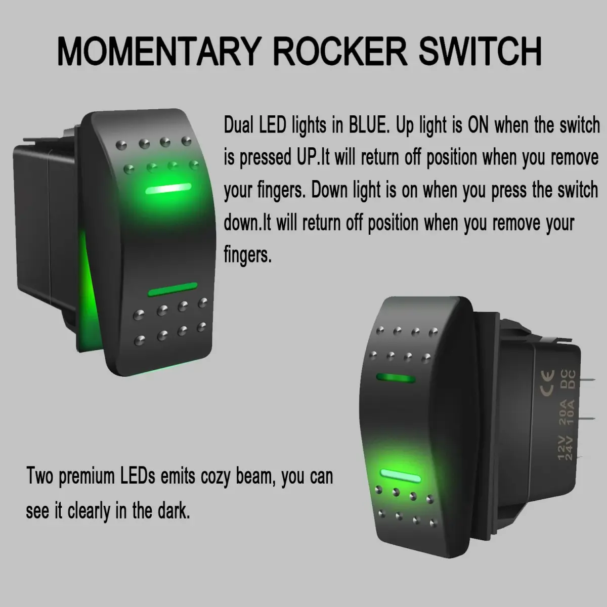 KEING Momentary Rocker Switch Toggle (ON)/Off/(ON) Green LED Light - 12V 20A / 24V 10A, 7-Pin | DPDT Waterproof Automotive - view 3