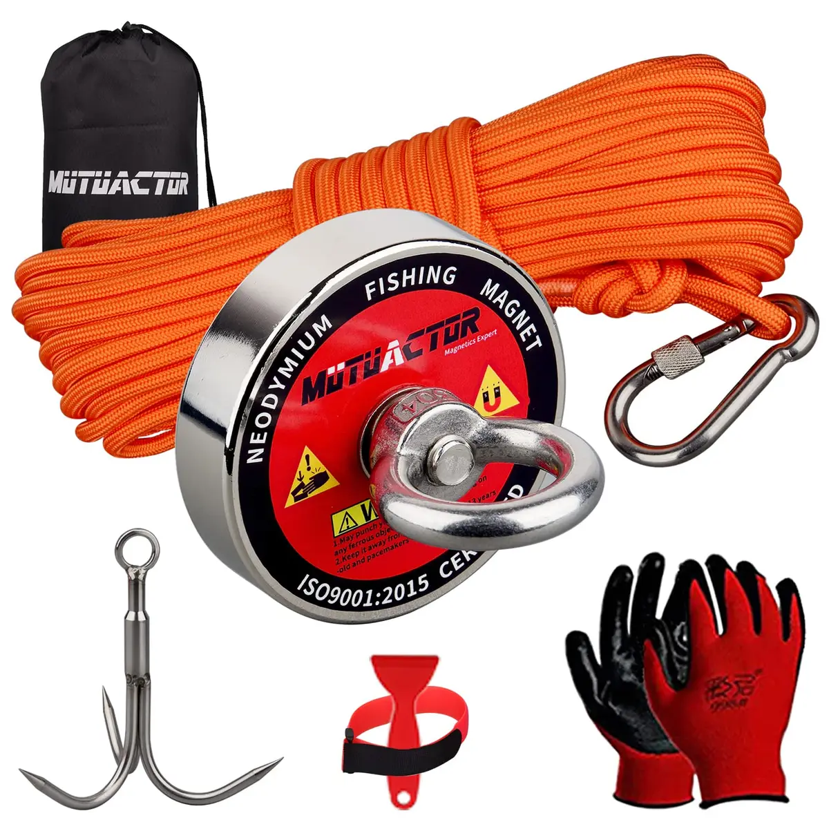 MUTUACTOR Heavy Duty Fishing Magnet Kit | 500lb Neodymium Magnets with 65Ft Rope & Grappling Hook for Underwater Recovery - main product image