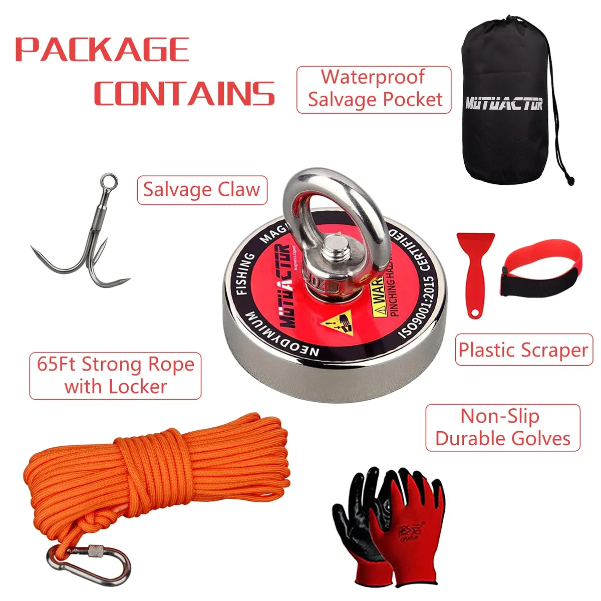MUTUACTOR Heavy Duty Fishing Magnet Kit | 500lb Neodymium Magnets with 65Ft Rope & Grappling Hook for Underwater Recovery - view 7