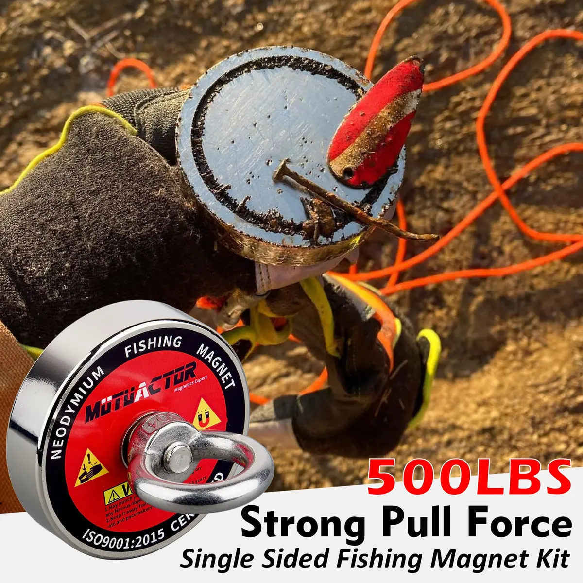 MUTUACTOR Heavy Duty Fishing Magnet Kit | 500lb Neodymium Magnets with 65Ft Rope & Grappling Hook for Underwater Recovery - view 2